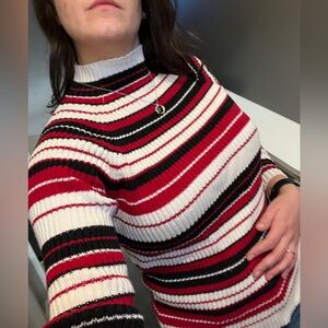 Women’s red, white and black striped turtle neck sweater with shimmer size Large
